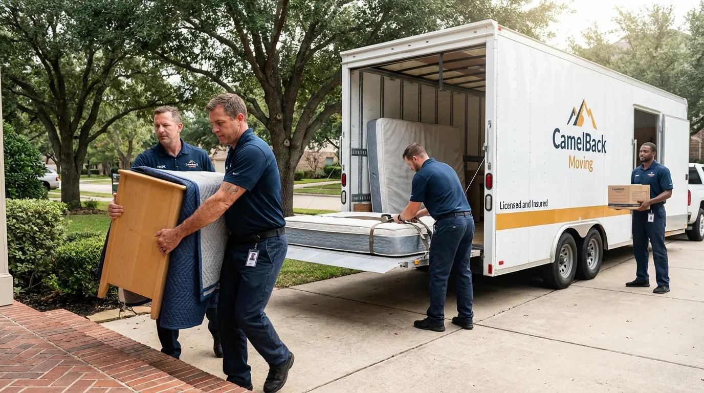 Crew loading residential truck for cross-state move from Timpson, TX