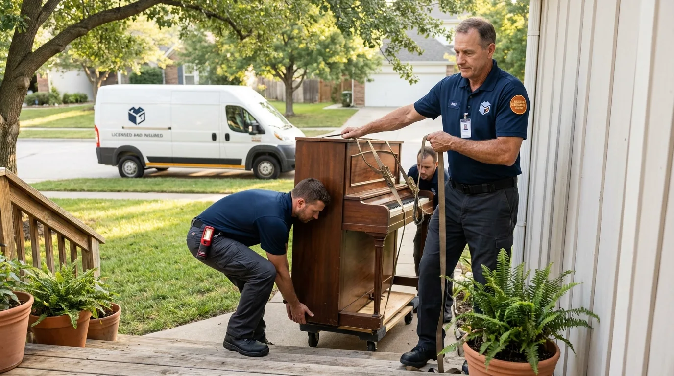 Licensed piano movers securing grand piano in Timpson, TX