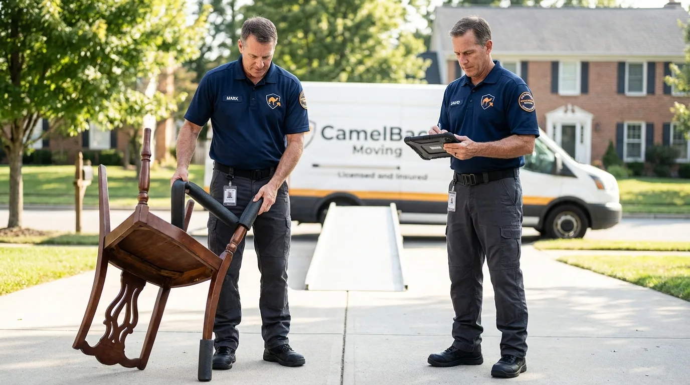 Movers inspecting furniture for damage prevention before loading in Timpson, TX