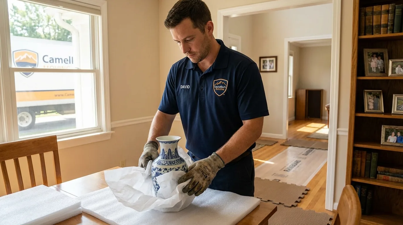 Professional crew carefully wrapping antique vase for senior downsizing move in Timpson, TX